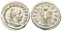 Roman Imperial Coinage Philippus I. Arabs (244 - 249 n. Chr.). Antoninian (Silber). 245 - 246 n. Chr. Rom. Vs: IMP M IVL PHILIPPVS AVG. Büste mit Strahlenkrone, Paludament und Panzer rechts. Rs: P M T