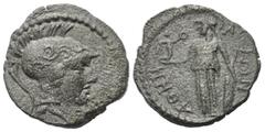 Provinzialrömische Münzen Attika. Athen. Pseudo-autonome Prägung. Bronze. Ca. 3. Jhdt. n. Chr. Vs: Drapierte Büste der Athena mit korinthischem Helm rechts. Rs: Athena mit Nike, Schild und Speer nach 