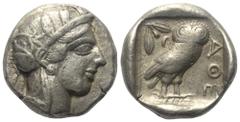 Greek Attika. Athen. Tetradrachme (Silber). Ca. 454 - 404 v. Chr. Vs: Kopf der Athena mit ölzweiggeschmücktem attischem Helm, Ohranhänger und Halskette rechts. Rs: Eule nach rechts stehend, Kopf en fa