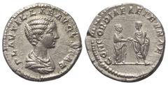 Roman Imperial Coinage Plautilla (gest. 211 n. Chr.). Denar (Silber). 202 n. Chr. Rom. Vs: PLAVTILLAE AVGVSTAE. Drapierte Büste rechts. Rs: CONCORDIAE AETERNAE. Plautilla und Caracalla stehen einander