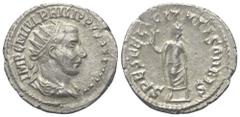 Roman Imperial Coinage Philippus I. Arabs (244 - 249 n. Chr.). Antoninian (Silber). 244 n. Chr. Antiochia. Vs: IMP C M IVL PHILIP PVS P F AVG P M. Büste mit Strahlenkrone, Paludament und Panzer rechts
