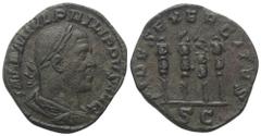 Roman Imperial Coinage Philippus I. Arabs (244 - 249 n. Chr.). Sesterz. 244 - 246 n. Chr. Rom. Vs: IMP M IVL PHILIPPVS AVG. Drapierte Büste mit Lorbeerkranz rechts. Rs: FIDES EXERCITVS / S C. Vier Sta