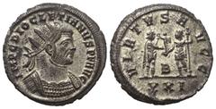 Roman Imperial Coinage Diocletianus (284 - 305 n. Chr.). Antoninian (Billon). 284 n. Chr. Siscia (?). Vs: IMP C DIOCLETIANVS P F AVG. Gepanzerte Büste mit Strahlenkrone rechts. Rs: VIRTVS AVGG / B / X
