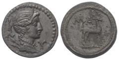 Greek Lykien. Lykischer Bund. Bronze. Ca. 2. -1. Jhdt. v. Chr. Masykitos. Vs: Büste der Artemis mit Bogen und Köcher rechts. Rs: MA. Hirsch nach rechts stehend; das Ganze in Perlkreis. 19 mm. 3,34 g. 