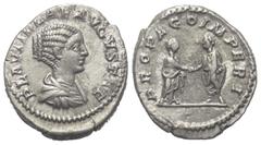 Roman Imperial Coinage Plautilla (gest. 211 n. Chr.). Denar (Silber). 202 n. Chr. Rom. Vs: PLAVTILLAE AVGVSTAE. Drapierte Büste rechts. Rs: PROPAGO IMPERI. Plautilla und Caracalla stehen einander gege