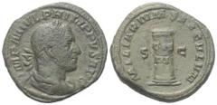 Roman Imperial Coinage Philippus I. Arabs (244 - 249 n. Chr.). Sesterz. 248 n. Chr. Rom. Vs: IMP M IVL PHILIPPVS AVG. Büste mit Lorbeerkranz, Paludament und Panzer rechts. Rs: MILIARIVM SAECVLVM. Im F