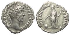 Roman Imperial Coinage Commodus (177 - 192 n. Chr.). Denar (Silber). 182 n. Chr. Rom. Vs: M COMMODVS ANTONINVS AVG. Kopf mit Lorbeerkranz rechts. Rs: TR P VII IMP V COS III P P. Providentia mit Stab u