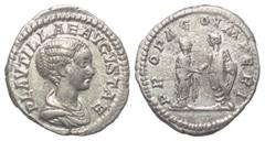 Roman Imperial Coinage Plautilla (gest. 211 n. Chr.). Denar (Silber). 202 n. Chr. Rom. Vs: PLAVTILLAE AVGVSTAE. Drapierte Büste rechts. Rs: PROPAGO IMPERI. Plautilla und Caracalla stehen einander gege