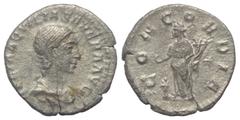 Roman Imperial Coinage Iulia Aquilia Severa. Denar (Silber). 220 - 221 n. Chr. Rom. Vs: IVLIA AQVILIA SEVERA AVG. Drapierte Büste rechts. Rs: CONCORDIA. Concordia mit Doppelfüllhorn nach links stehend