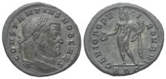 Roman Imperial Coinage Constantius I. Chlorus (305 - 306 n. Chr.). Follis. 296 n. Chr. Aquileia. Vs: CONSTANTIVS NOB CAES. Kopf mit Lorbeerkranz rechts. Rs: GENIO POPVLI ROMANI / AQ Gamma. Genius mit 