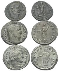 Lots - Ancient Coins Römische Münzen - Lots. Kaiserzeit. Lot (3 Stück): Bronzemünzen von Licinius I. (308 - 324 n. Chr.) und Maximinus II. Daia (310 - 313 n. Chr.) (2x). Ein Stück mit Resten von Silbe