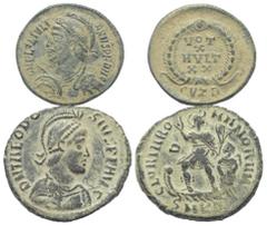 Lots - Ancient Coins Römische Münzen - Lots. Kaiserzeit. Lot (2 Stück): Kleinbronzen von Iulianus II. Apostata (360 - 363 n. Chr.) und Theodosius I. (379 - 395 n. Chr.). Sehr schön. Verkauft wie beseh