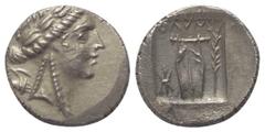 Griechische Münzen Lykien. Lykischer Bund. Drachme (Silber). Ca. 88 - 84 v. Chr. Olympos. Vs: Kopf des Apollon mit Lorbeerkranz und Köcher mit Bogen über der Schulter rechts. Rs: Kithara, darüber Ethn