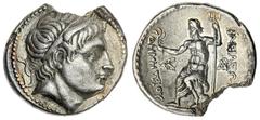 Ancient Kingdom of Macedonia, Demetrius Poliorcetes (306-283 BC), AR Tetradrachm, diademed head of king right with bull's horns. rev. Poseidon seated left, trident in right hand, Aphlaston in left, mo