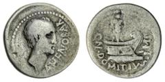 Ancient Roman Republic Domitius L.F Ahenobarbus, AR Denarius, 41BC, Bust of Ahenobarbus to right, AHENOBAR in right field, rev. Galley prow to right, surmounted by a military trophy, CN.DOMITVS.IMP ar