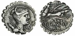 The Roman Republic Roman Republic (2): Claudius Nero, AR Denarius Serratus, c.79BC, Draped bust of Diana r., with bow and quiver over shoulder; before chin, S.C. rev. Victory in prancing biga r., hold