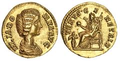 ANCIENT COINS Roman Empire, Julia Domna, wife of Septimius Severus (193-217), AV Aureus, struck AD 193-196, Rome, IVLIA DOMNA AVG, draped bust right, rev. VENVS G-E-NETRIX, Venus seated left, holding 
