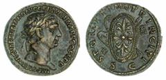 Ancients - Roman Bronze Roman Empire, Trajan, (AD98-117) AE Aes, 103-111, IMP CAES NERVAE TRAIANO AVG GER DAC P M TR P COS V P P Laureate bust right rev. SPQR OPTIMO PRINCIPI Ornate oval shield, behin