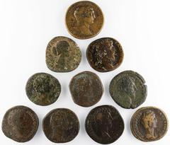Ancients - Roman Bronze Roman Empire, A Selection of Nerva-Antonine Bronze Sestertii (10): Trajan, AE Sestertius, RIC 523; Antoninus Pius (2): one RIC 1003; the other struck after his death; Faustina 