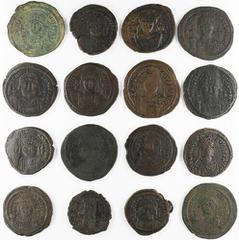 Ancient - Byzantine Byzantine Empire, A Selection of Bronze From Constantinople (16): including Anastasius, AE Nummus; Justinian I, 'The Great', AE Follis (8); AE Nummus (6); Tiberius II Constantine A