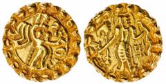 Indian Coins (x) Ancient India, Post-Gupta Bengal, Samatata region, Anonymous (c.600- 625), gold Dinar, 5.57g, kingly figure standing left holding a bow right and an arrow left, a standard topped by a