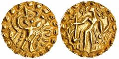 Indian Coins (x) Ancient India, Post-Gupta Bengal, Samatata region, Anonymous (c.600- 650), gold Dinar, 5.30g, kingly figure standing left holding a bow right and an arrow left, a standard topped by a