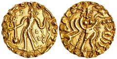 Indian Coins (x) Ancient India, Post-Gupta Bengal, Samatata region, "Vira Chandrah" (c.635- 640), gold Dinar, 5.69g, kingly figure standing left holding a bow right and an arrow left, a standard toppe