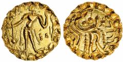 Indian Coins (x) Ancient India, Post-Gupta Bengal, Samatata region, "Sri Jiva" (c.655- 663), gold Dinar, 5.84g, kingly figure standing left holding a bow right and an arrow left, a standard topped by 