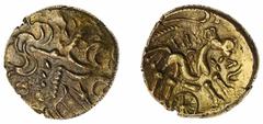 Celtic Coins Iron Age Britain, Atrebates and Regni, Tincomarus (25 BC - AD 10), 'Alfriston' Type, AV Stater, debased laureate head of Apollo right, rev. triple-tailed horse right, large wheel below, T