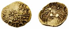 Celtic Coins A NEW IRON AGE "KING" | Iron Age Britain, Belgae, "Esunertos" (c. 50-30 BC), AV Quarter-Stater, debased laureate head of Apollo right [?], formed of three interlocking rows of outward fac
