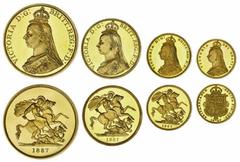 English NGC PF62-PF63 UCAM | Victoria (1837-1901), 'Golden Jubilee' Specimen Proof Set, 1887, including: Gold Proof Five-Pounds to Half-Sovereign, Proof Crown to Threepence (Stratos 281; Spink PS5), a