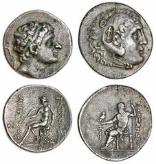 Ancients - Roman Gold The 'Kyrios' Collection | A Pair of Seleukid Tetradrachmae (2): i) Kingdom of Macedon, Alexander III, the Great, Tetradrachm, Phaselis, c. 212/211 BC, head Heracles right clad in