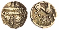 Celtic Coins The 'Haddenham' Collection of English Coins | Iceni, Uninscribed Coinage (50 BC - AD 50), 'Snettisham' Type, AV Stater, wreath crossed by single line of leaves, crescent and two rings for