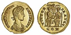 ROMAN GOLD COINS Roman Empire, Valentinian II (375-392), AV Solidus, AD 383-388, Mediolanum [Milan], D N VALENTINI-ANVS P F AVG, pearl-diademed and draped bust right, with traces of pearl necklace, re