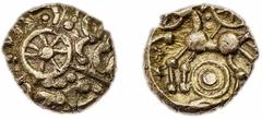 Celtic Coins Iron Age Britain, Belgae, Esunertos (c. 50-30 BC), AV Quarter-Stater, debased laureate head of Apollo right, formed of three interlocking rows of outward facing crescents, a seven-spoked 