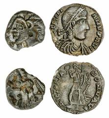 Celtic Coins Iron Age and Romano-British Silver (2), including: Catuvellauni, Uninscribed Issues (50-20 BC), AR Unit, 'Amersham Moon Man' Type, head left with crescents and braided hair, rev. triple-t