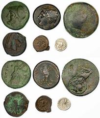 Ancient Greece and the Hellenistic World Selection of Magna Graecia (6): i) Apulia, Arpi, AR Obol, c. 215-212 BC, head of Athena left, wearing crested Corinthian helmet, rev. ear of barley, 0.65g (HN 