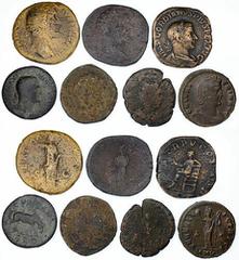 Roman Empire Selection of Roman Imperial Bronze (7): i) Antoninus Pius Sestertius with two oval shields, 11.34g, good; ii) another Sestertius, Libertas on reverse, 23.37g (RIC 916a), good to fine; iii