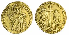 Byzantine Empire Byzantine Empire, Basil I with Constantine (867-886) AV Solidus, IhS XPS REX REGNANTIUM*, Christ Pantokrator enthroned facing rev. bASILIOS ET COhSTANT AVGG b, crowned facing busts of