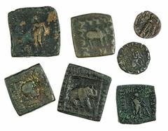 Ancients - Greek Bronze Indo-Greek AE Units (7), of Diodotus II, Fractional (Lepton), bust of Hermes right, rev. Pallas standing with shield; Apollodotus I, Square, Apollo standing left, rev. Tripod; 