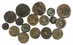 Ancients - Greek Bronze Kushan Empire, Miscellaneous AE Units (12), including Soter Megas (Vima Takto), AE Tetradrachms (6); Drachm, rayed bust right, rev. horseman right, various types; Vima Kadphise