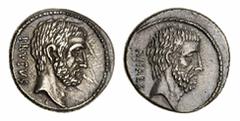 THE LASOME COLLECTION OF ROMAN REPUBLICAN COINS NGC Ch XF | Roman Republic, Q. Servilius Caepio (M. Junius) Brutus and C. Servilius Ahala, moneyer, AR Denarius, Rome, 54 BC, BRVTVS, bare head of Brutu