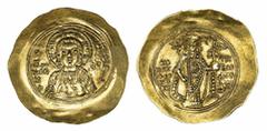 THE TRAJAN" COLLECTION OF BYZANTINE COINS" Byzantine Empire, Manuel I Comnenus (1143-1180), AV Hyperpyron Nomisa, bust of Christ, beardless and facing, rev. Manuel standing, facing, holding labarum an