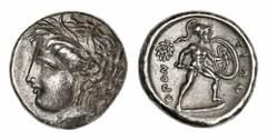 THE ESTAFEFETTE NO. 21" COLLECTION OF ANCIENT COINS" NGC Ch XF | Lokris, Lokris Opuntii, AR Stater, c. 369-338 BC, head of Persephone left, wearing barley-wreath and triple-pendant earring and necklac