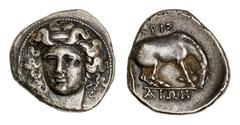 NGC Ch VF | Thessaly, Larissa, AR Drachm, c. 365-356 BC, head of the nymph Larissa facing slightly left, air in ampyx, wearing plain necklace, rev. LARIS, horse standing right, preparing to lay down, 