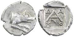 Argolis, Argos, AR Triobol, Damo(sthe)-, Magistrate, struck c. 90-50 BC, forepart of wolf at bay right, rev. large A, D-A-M-O at corners, palm frond below, all within incuse square, 2.39g (BCD Pelopon