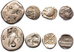 Selection of Coins of the Greek East and Persian West (4): i) Ionia, Miletos, AR diobol, forepart of lion right, rev. ornamental start in incuse square, 1.21g; ii) Ionia, Phokaia, AR Triobol (describe