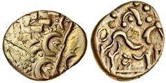 Celtic, uninscribed coinage, Corieltauvi, Gold Stater, 5.72g, North East Coast type, head right, rev. disjointed horse left, symbol below (Mack 51; BMC 184-91; Rudd ABC 1719; S.28), nearly very fine