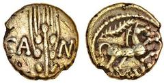 Celtic, Catuvellauni and Trinovantes, Cunobelin, gold Quarter Stater, 1.20g, linear type, corn ear, dividing ca-m, rev. horse right, branch above, cvn below (Mack 209; BMC 1837-42; Rudd ABC 2810; S.29