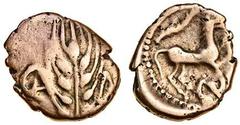 Celtic, Catuvellauni and Trinovantes, Cunobelin, Gold Quarter Stater, 1.28g, linear type, corn ear, dividing ca-m, rev. horse right, branch above, cvn below (Mack 209; BMC 1837-42; Rudd ABC 2810; S.29
